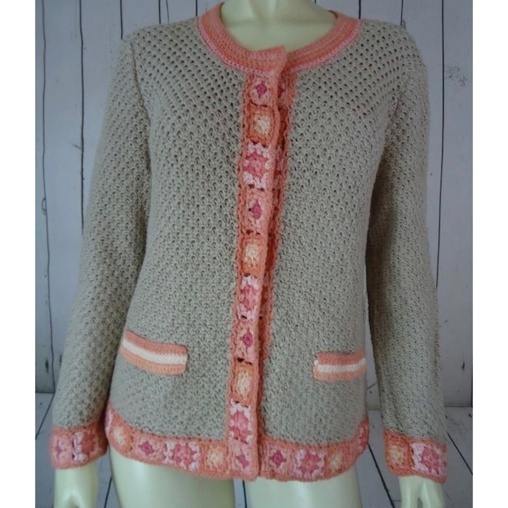 J Jill  Soft Cozy Crochet Granny Square Cardigan Sweater Coastal Grandma Boho M